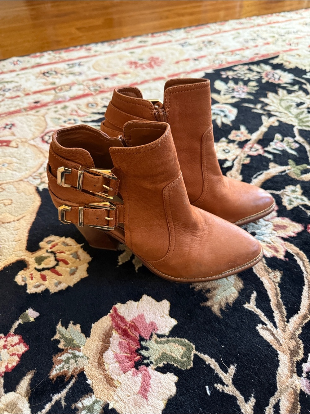 Gianni Bini Cognac Leather Ankle Booties with Double Buckles
